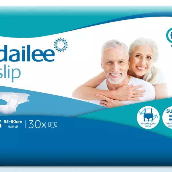Подгузники для взрослых Dailee Slip, размер "S" (объем талии/бедер до 90 см), с полным влагопоглощением не менее 1400 г