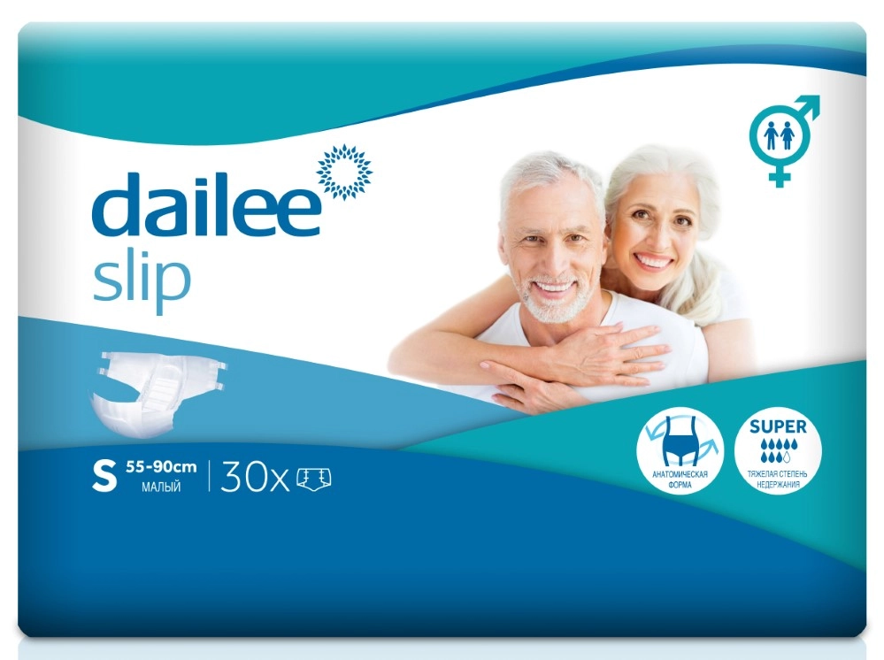 Подгузники для взрослых Dailee Slip, размер "S" (объем талии/бедер до 90 см), с полным влагопоглощением не менее 1400 г